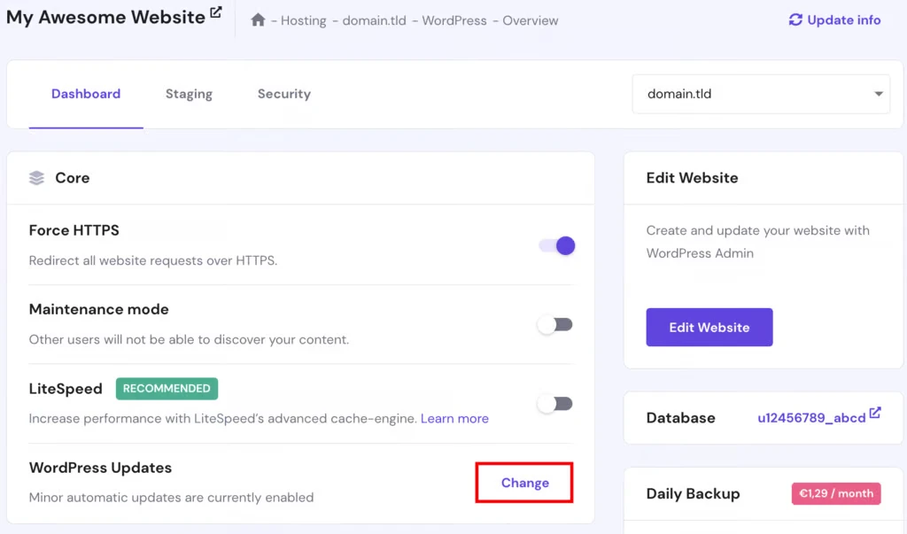 Hostinger的hPanel里WordPress Updates设置的位置